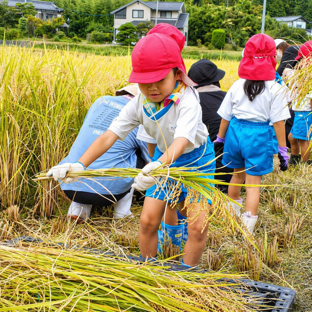 稲刈りを体験するあざみ野こども園の子どもたち