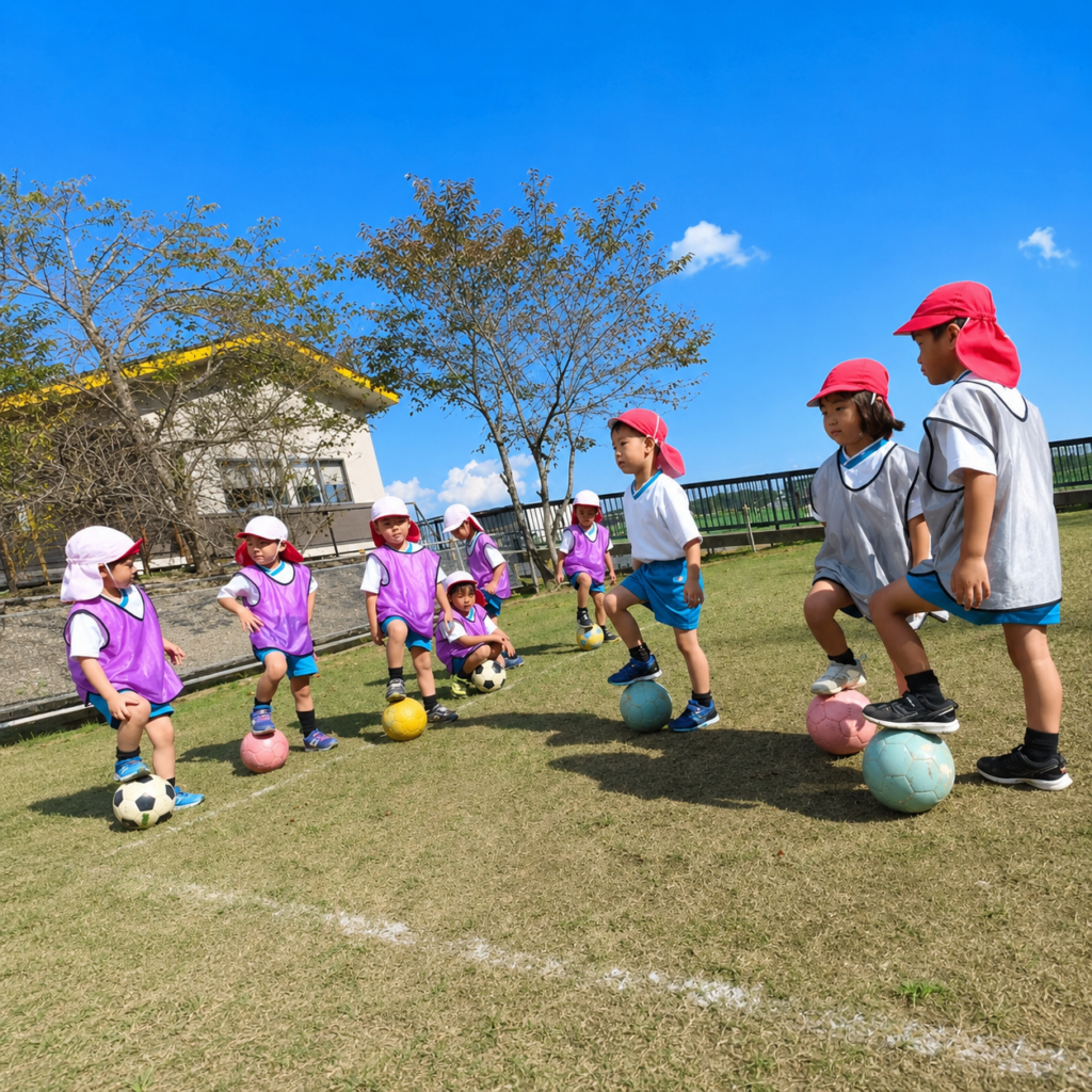 園庭でボールを使った運動遊びを楽しむあざみ野こども園の園児たち