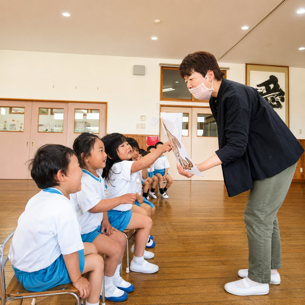 英語教室で先生の教材を見ながら楽しく学ぶ園児たち